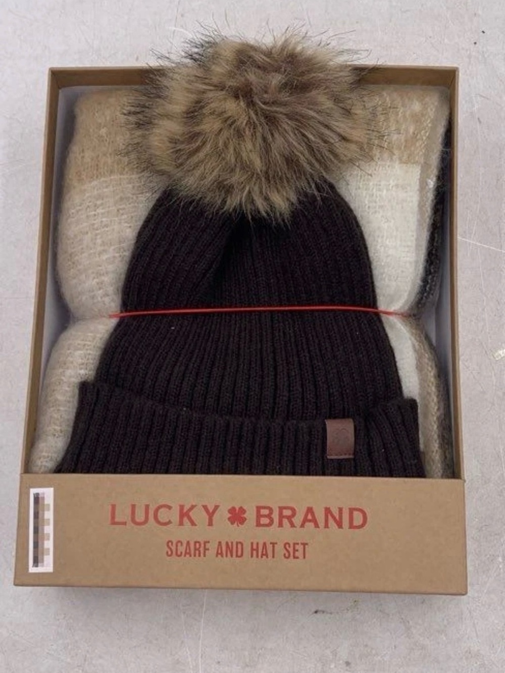 Lucky Brand Dark Brown Knit Pom Pom Hat & Neutral Scarf Set